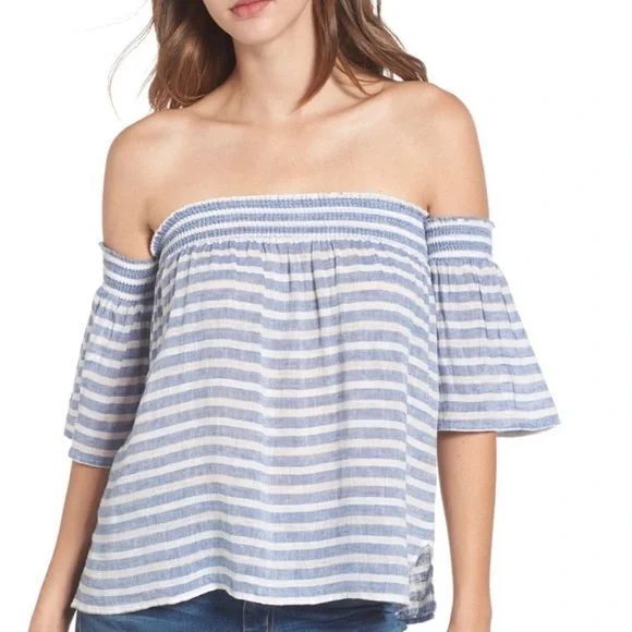 Rails Tops - Rails Isabelle Blue Striped Off Shoulder Smocked Peasant Top Summer Blouse Small